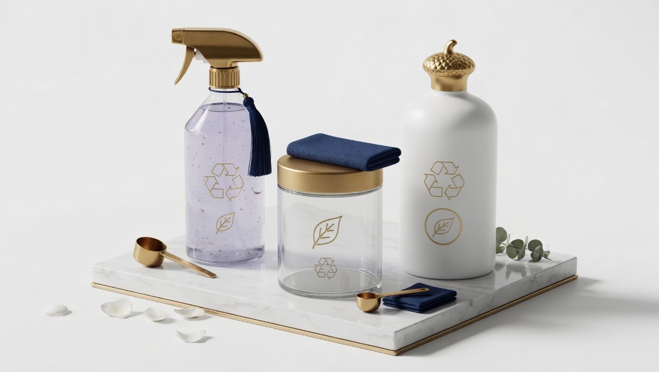 Elite Clean Pro BioSmart eco cleaning kit — glass spray bottle, concentrate jar, nano-fibre microfibre cloth and gold measuring tools on marble tray, Calgary AB