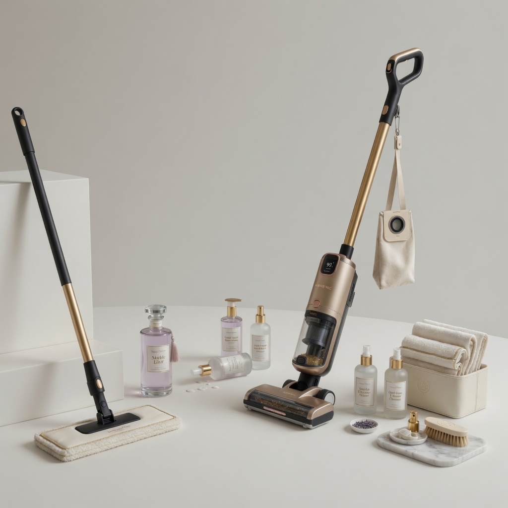 Elite Clean Pro BioSmart cleaning kit — luxury vacuum, microfibre mop, enzyme spray bottles and tools on neutral background, Calgary AB